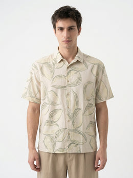 Beige Band Collar Conversational Half Sleeves Cotton Men's Shirt