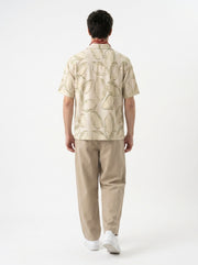 Beige Band Collar Conversational Half Sleeves Cotton Men's Shirt