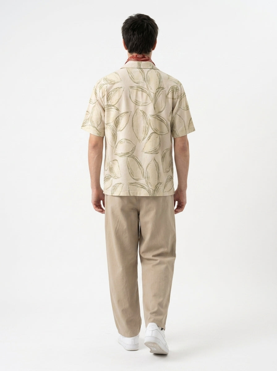 Beige Band Collar Conversational Half Sleeves Cotton Men's Shirt
