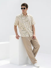 Beige Band Collar Conversational Half Sleeves Cotton Men's Shirt