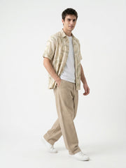 Beige Band Collar Conversational Half Sleeves Cotton Men's Shirt