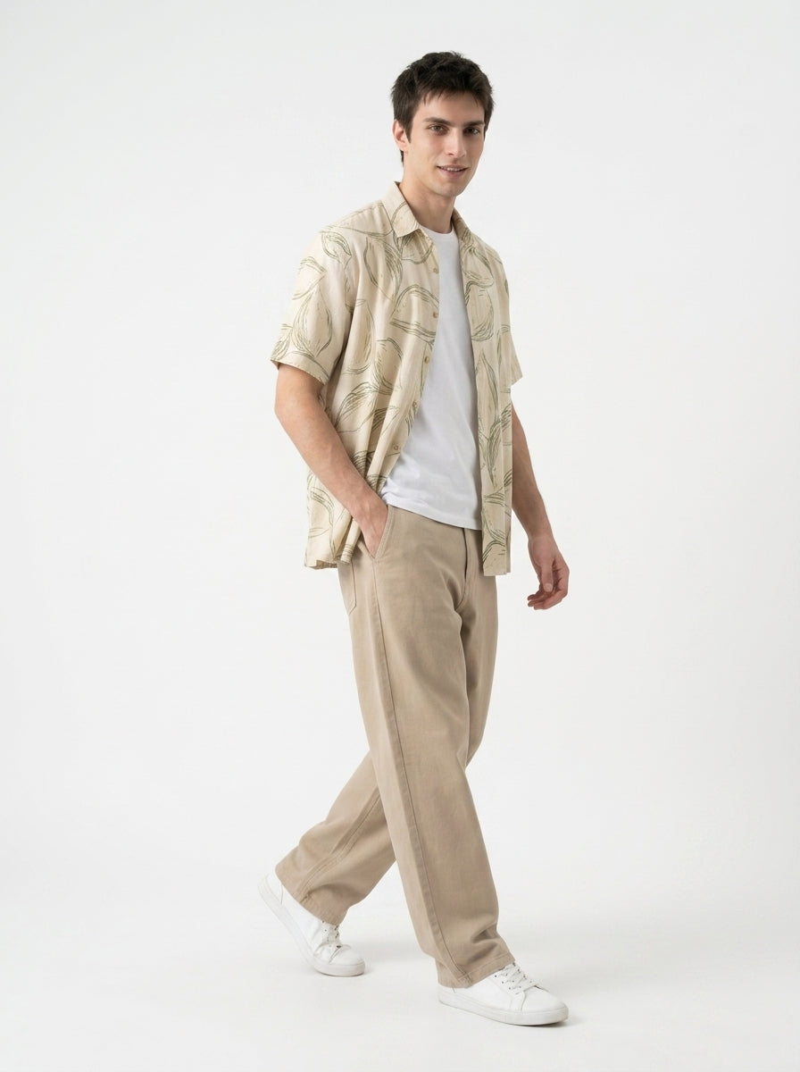 Beige Band Collar Conversational Half Sleeves Cotton Men's Shirt