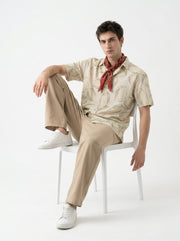 Beige Band Collar Conversational Half Sleeves Cotton Men's Shirt