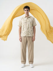 Beige Band Collar Conversational Half Sleeves Cotton Men's Shirt