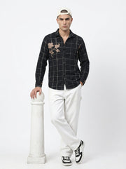 Black Band Collar Gingham Checks Long Sleeves Cotton Men's Shirt