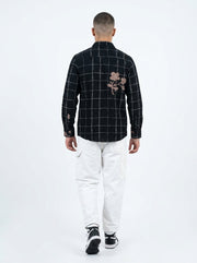 Black Band Collar Gingham Checks Long Sleeves Cotton Men's Shirt