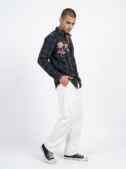 Black Band Collar Gingham Checks Long Sleeves Cotton Men's Shirt