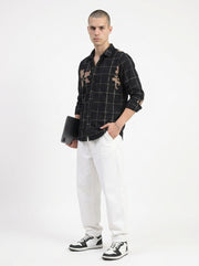 Black Band Collar Gingham Checks Long Sleeves Cotton Men's Shirt