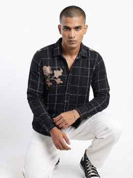 Black Band Collar Gingham Checks Long Sleeves Cotton Men's Shirt