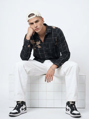 Black Band Collar Gingham Checks Long Sleeves Cotton Men's Shirt