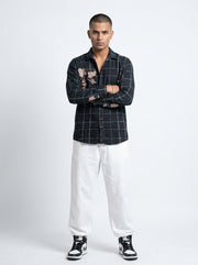 Black Band Collar Gingham Checks Long Sleeves Cotton Men's Shirt