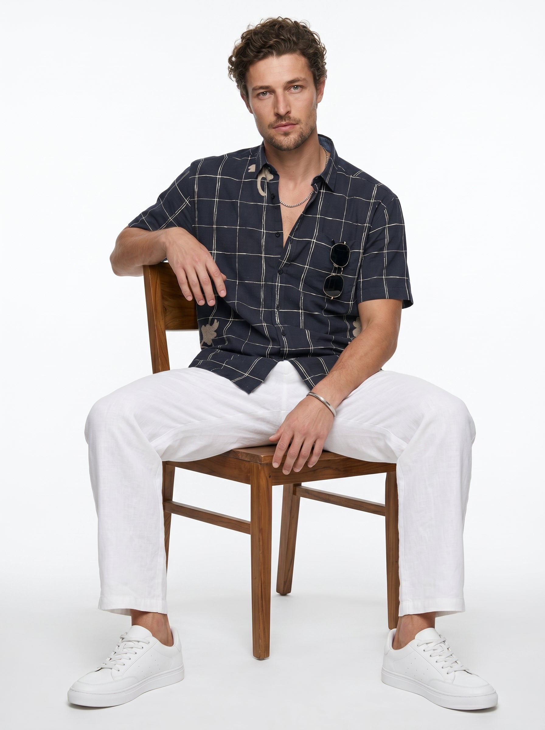 Black Band Collar Gingham Checks Casual Cotton Men's Shirt