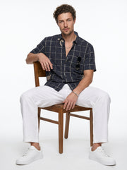 Black Band Collar Gingham Checks Casual Cotton Men's Shirt