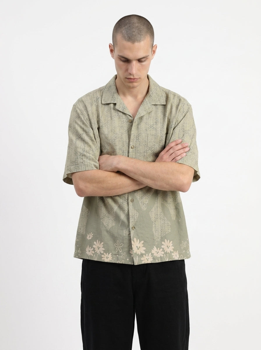 Green Cuban Collar Floral Short Sleeves Cotton Men's Shirt