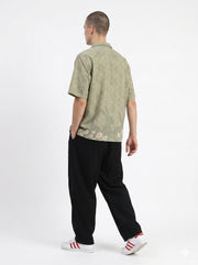 Green Cuban Collar Floral Short Sleeves Cotton Men's Shirt