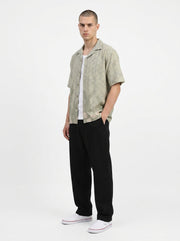 Green Cuban Collar Floral Short Sleeves Cotton Men's Shirt