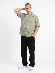 Green Cuban Collar Floral Short Sleeves Cotton Men's Shirt