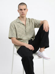 Green Cuban Collar Floral Short Sleeves Cotton Men's Shirt