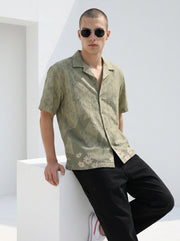 Green Cuban Collar Floral Short Sleeves Cotton Men's Shirt