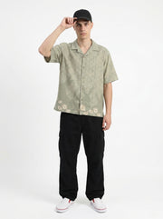 Green Cuban Collar Floral Short Sleeves Cotton Men's Shirt