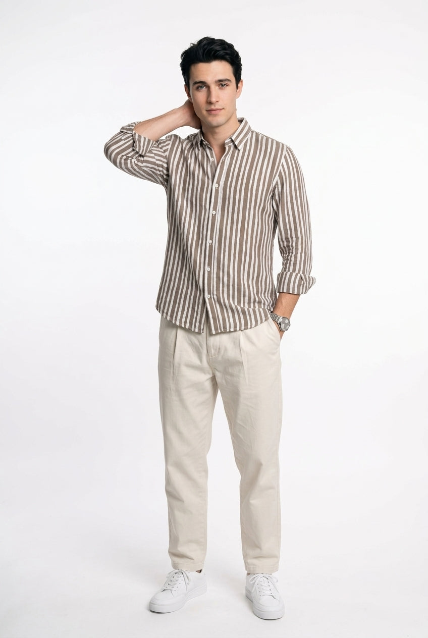 Taupe & White Vertical Striped Band Collar Regular Fit Casual Men's Shirt