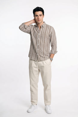 Taupe & White Vertical Striped Band Collar Regular Fit Casual Men's Shirt
