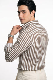 Taupe & White Vertical Striped Band Collar Regular Fit Casual Men's Shirt