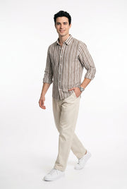 Taupe & White Vertical Striped Band Collar Regular Fit Casual Men's Shirt