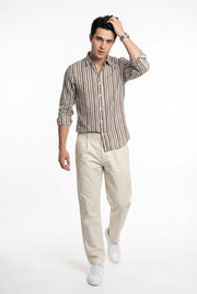 Taupe & White Vertical Striped Band Collar Regular Fit Casual Men's Shirt