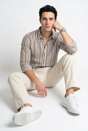 Taupe & White Vertical Striped Band Collar Regular Fit Casual Men's Shirt