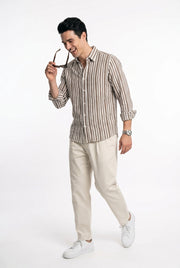 Taupe & White Vertical Striped Band Collar Regular Fit Casual Men's Shirt