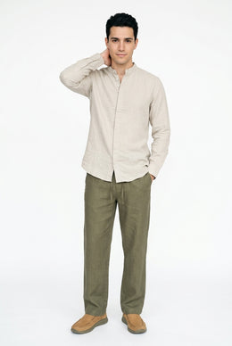 Beige Solid Relaxed Fit Mandarin Collar Cotton Shirt For Men