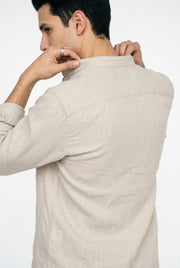 Beige Solid Relaxed Fit Mandarin Collar Cotton Shirt For Men