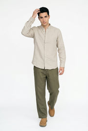 Beige Solid Relaxed Fit Mandarin Collar Cotton Shirt For Men