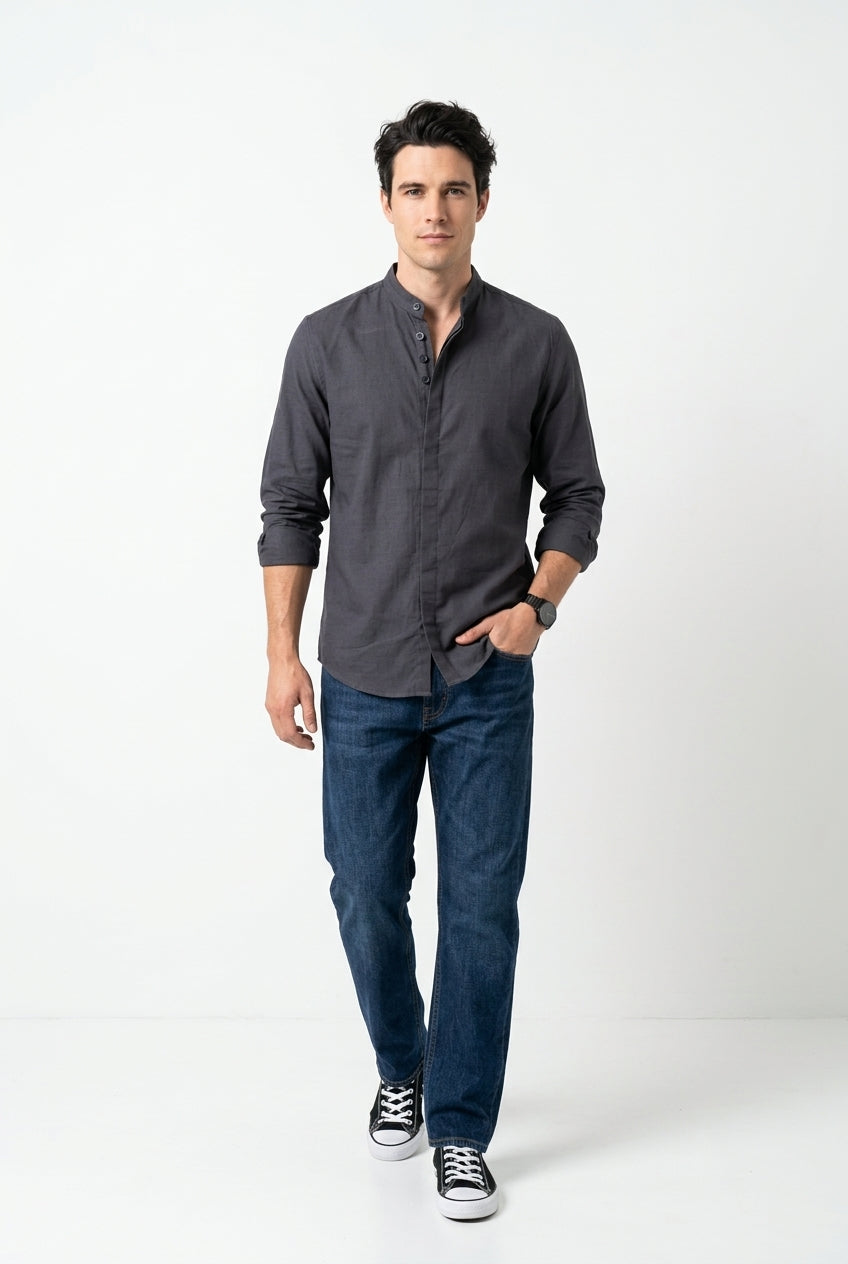 Grey Solid Relaxed Fit Mandarin Collar Cotton Shirt For Men