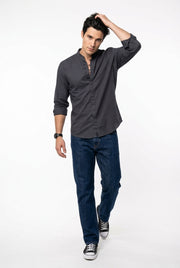 Grey Solid Relaxed Fit Mandarin Collar Cotton Shirt For Men