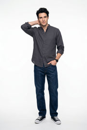 Grey Solid Relaxed Fit Mandarin Collar Cotton Shirt For Men