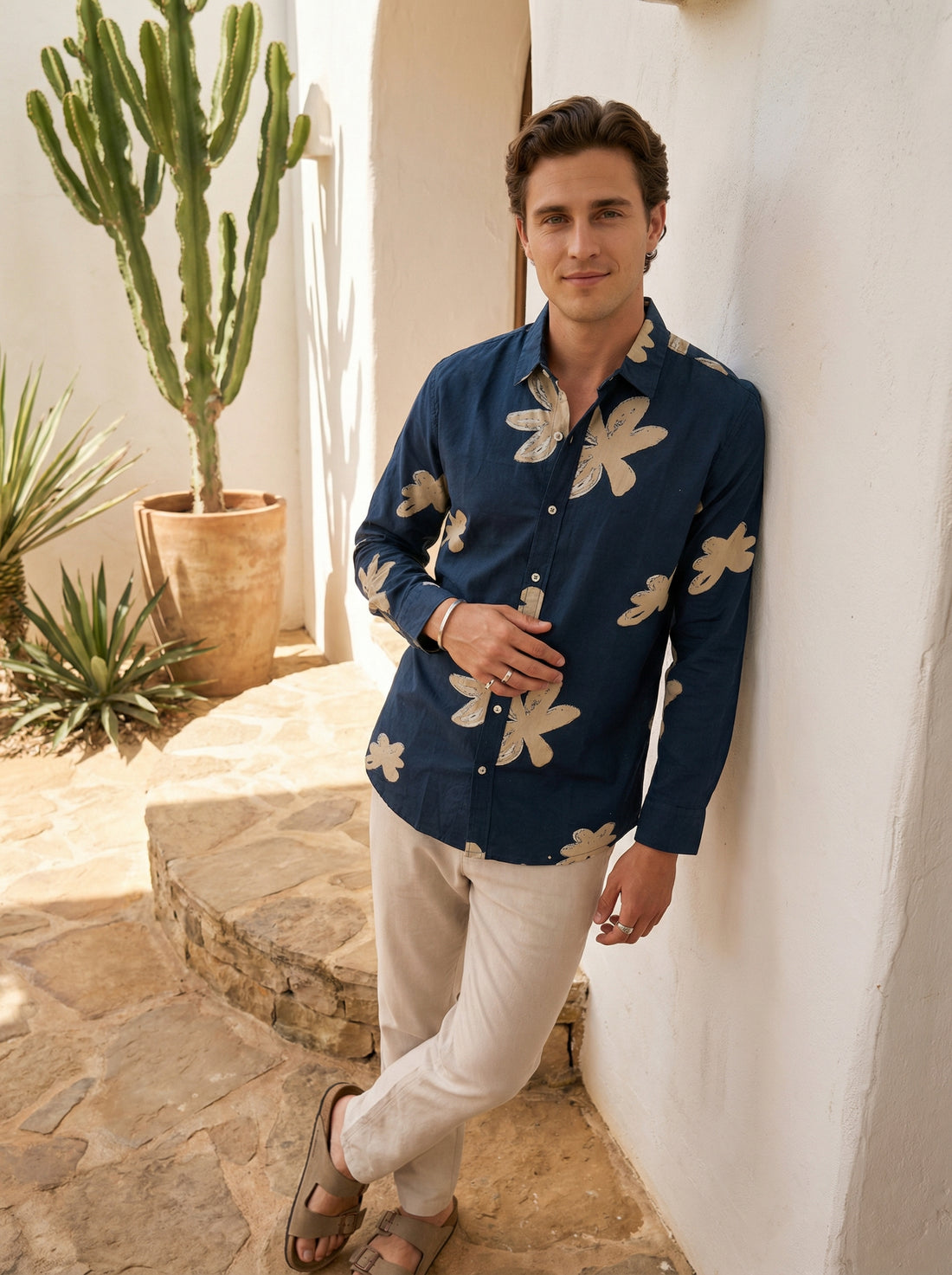 Navy Blue Spread Collar Floral Print Cotton Men's Shirt