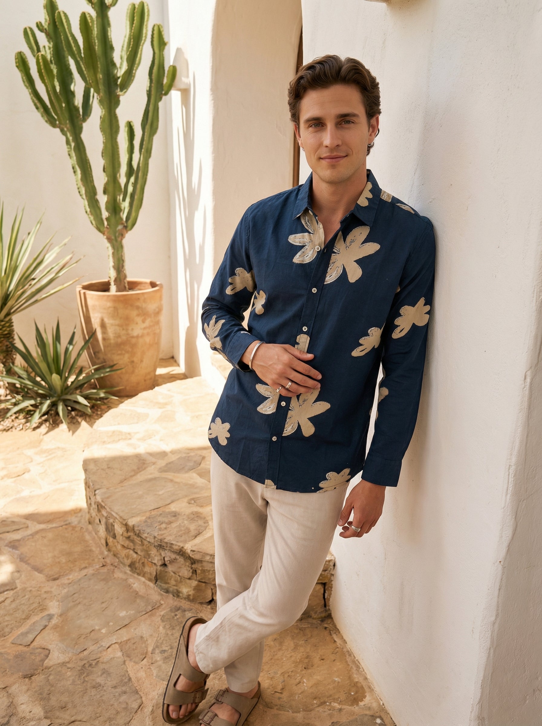 Navy Blue Spread Collar Floral Print Cotton Men's Shirt