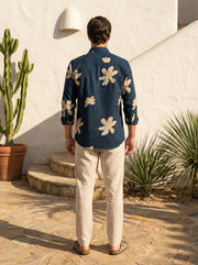 Navy Blue Floral Print Cotton Spread Collar Men's Shirt