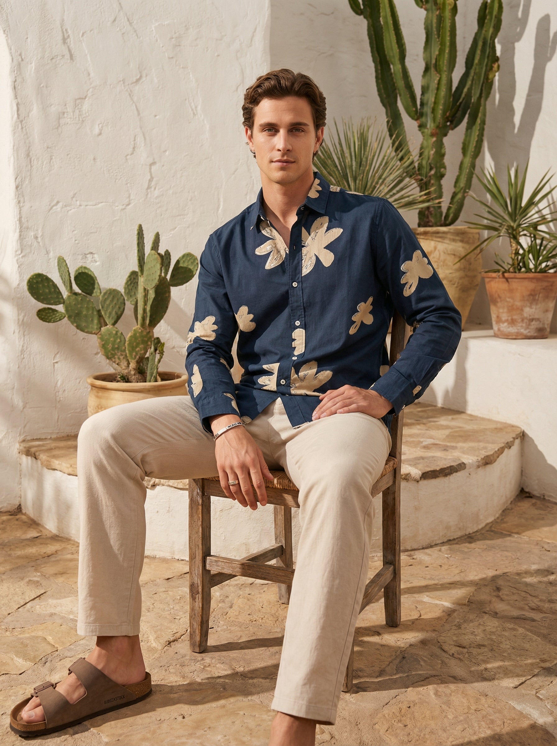 Navy Blue Spread Collar Floral Print Cotton Men's Shirt