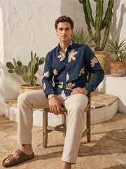 Navy Blue Floral Print Cotton Spread Collar Men's Shirt