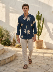 Navy Blue Floral Print Cotton Spread Collar Men's Shirt
