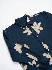 Navy Blue Floral Print Cotton Spread Collar Men's Shirt