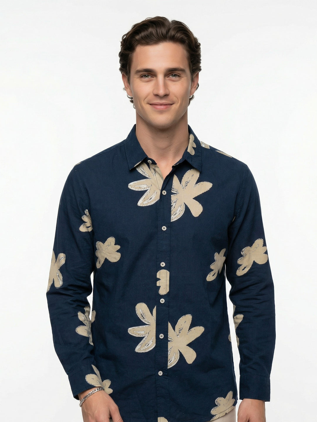 Navy Blue Floral Print Cotton Spread Collar Men's Shirt