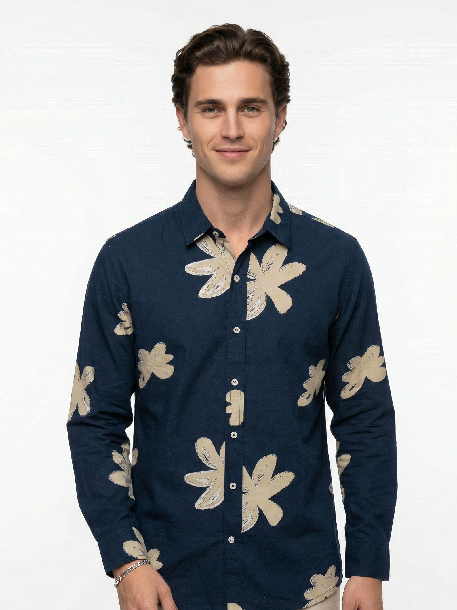 Navy Blue Spread Collar Floral Print Cotton Men's Shirt
