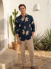 Navy Blue Floral Print Cotton Spread Collar Men's Shirt