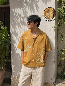 Mustard Laple Collar Half Sleeve Embroidered Cotton Casual Men's Shirt