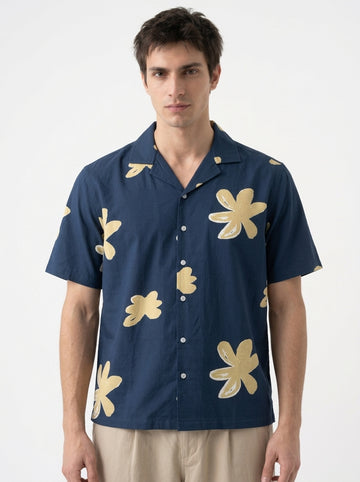 Blue Cuban Collar Floral Print Cotton Men's Shirt