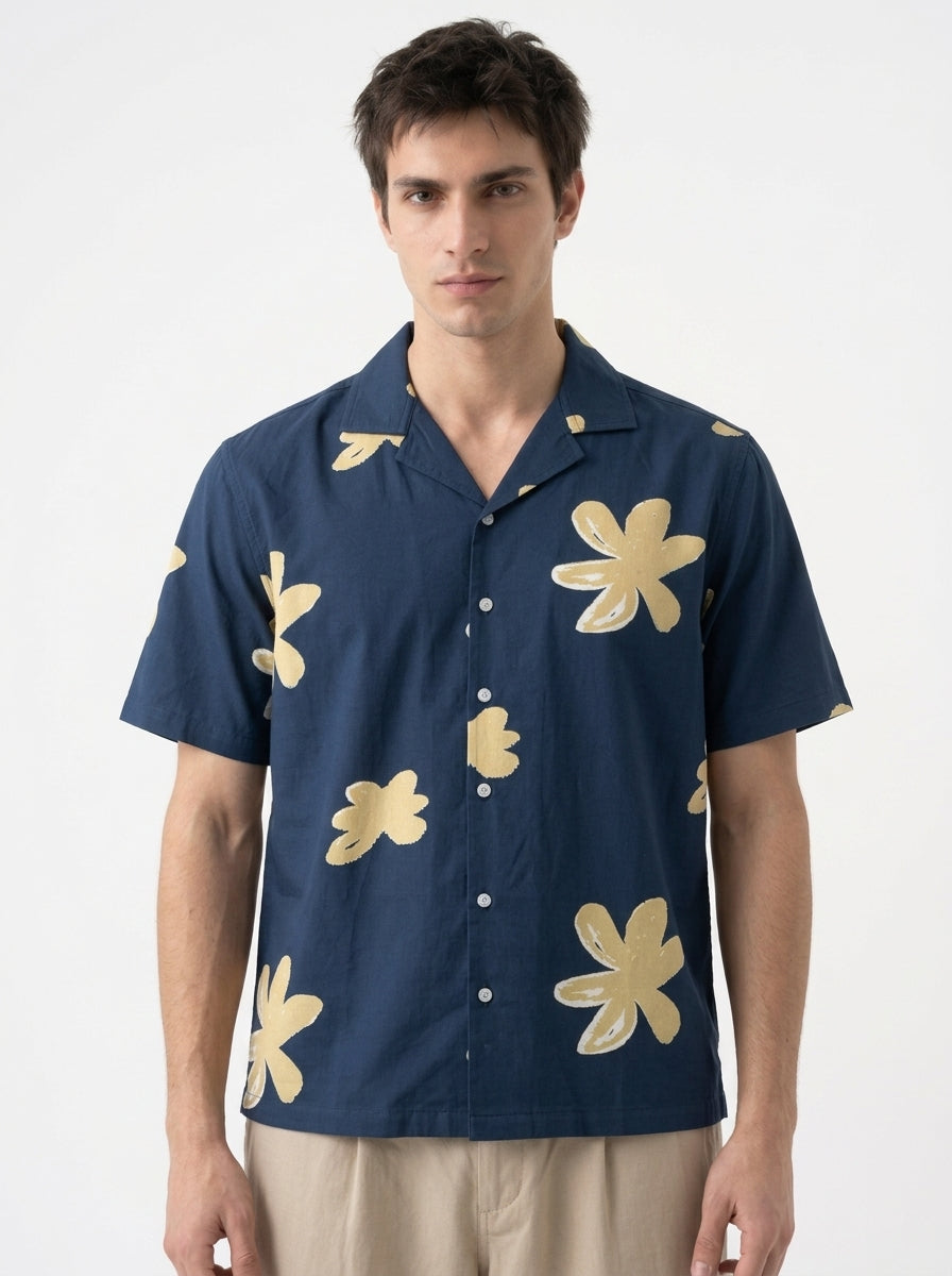 Blue Cuban Collar Floral Print Cotton Men's Shirt